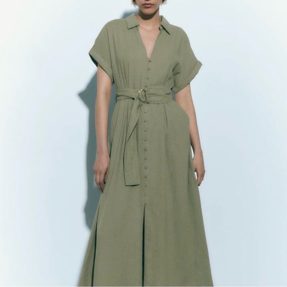 Zara Light Khaki Linen Blend Dress